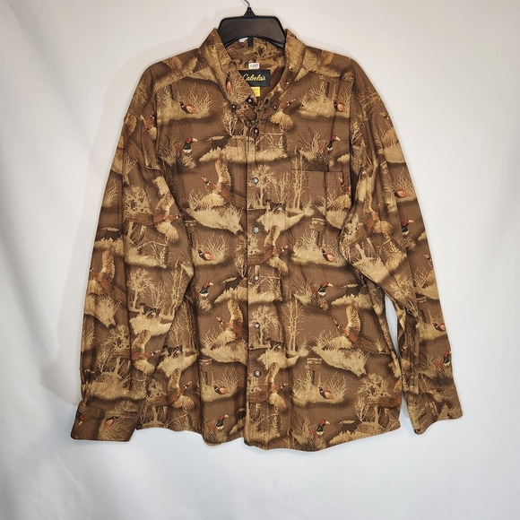 Cabela's Pheasant Print Brown Patterned Men's ButtonDown Long Sleeve Shacket 2XL - Picture 1 of 10